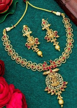 Embossed Golden Temple Style Necklace Set