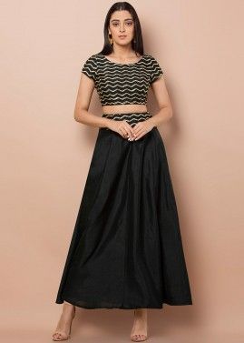 Black Readymade Dupion Silk Top With Skirt