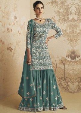 Green Embroidered Georgette Gharara Suit Set