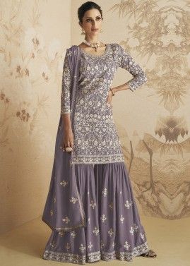 Purple Thread Embroidered Georgette Gharara Suit