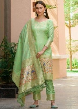 Green Woven Work Pant Suit In Banarasi Silk