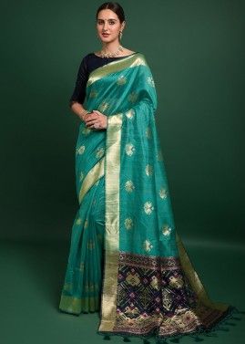 Turquoise Woven Tussar Silk Saree With Blouse