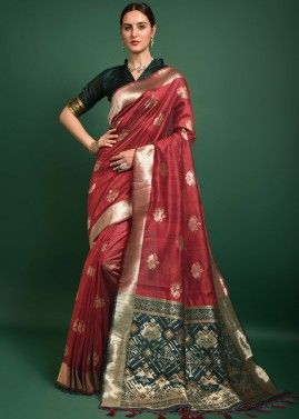 Red Festive Saree With Woven Work