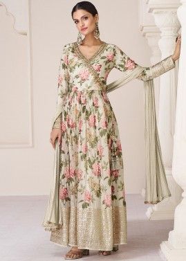 Readymade Cream Floral Printed Anarkali Suit