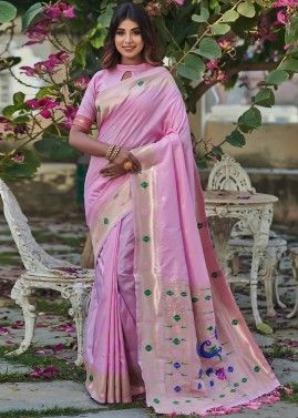 Pink Zari Woven Traditional Saree With Blouse