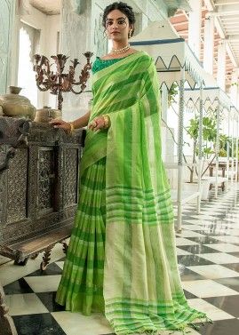 Green Woven Saree With Linen Patterns