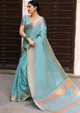 Blue Linen Saree With Zari Woven Heavy Border