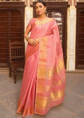 Pink Bridesmaid Zari Woven Saree With Linen Blouse