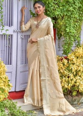 Cream Classic Style Zari Woven Saree With Blouse