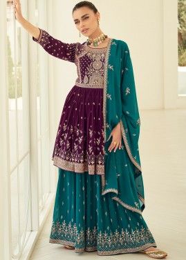 Purple Embroidered Georgette Flared Palazzo Suit