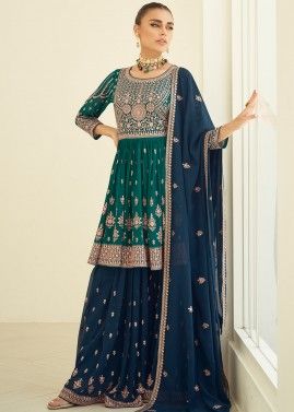 Green Embroidered Flared palazzo Suit Set