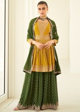 Yellow Embroidered Palazzo Suit In Georgette