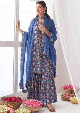Blue Readymade Digital Floral Print Gharara Suit