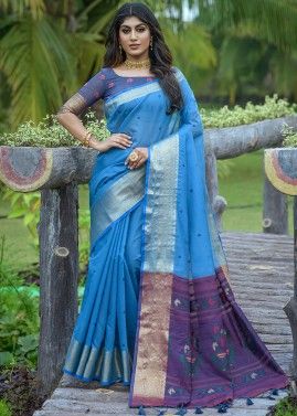 Blue Woven Border Saree In Linen