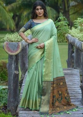 Green Woven Border Linen Saree