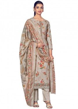 Grey Floral Printed Suit Set In Cotton