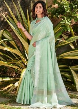 Green Classy Linen Saree In Zari Woven