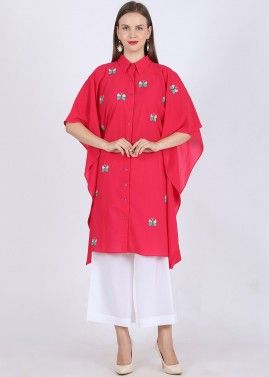Pink Embroidered Shirt Style Kaftan With Palazzo