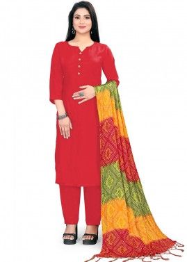 Red Rayon Pant Suit Set & Bandhej Dupatta
