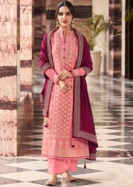 Pink Art Silk Embroidered Pant Suit Set
