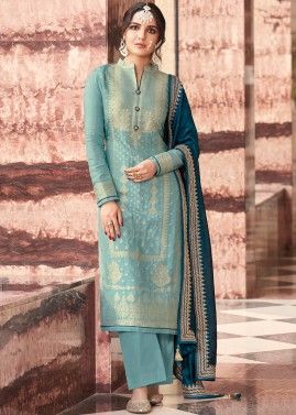 Blue Embroidered Pant Suit Set In Art Silk