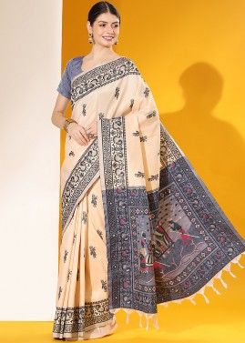 Cream Zari Woven Motifs Saree In Art Silk