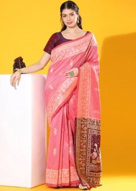 Pink Art Silk Saree With Distinctive Zari Woven Pallu