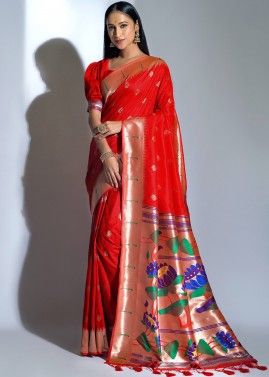 Red Woven Pallu Saree In Paithani Silk
