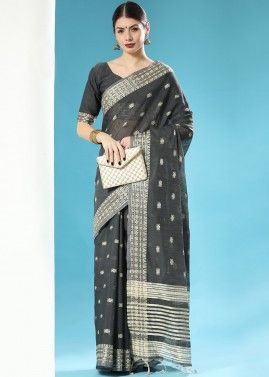 Black Woven Saree In Cotton & Blouse