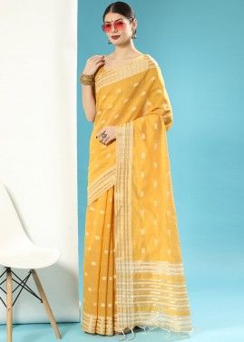 Yellow Festive Cotton Saree In Woven