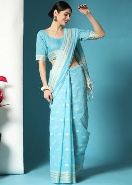 Blue Woven Saree In Cotton & Blouse