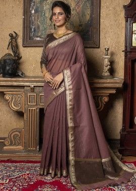 Pink Linen Saree & Blouse In Woven Work