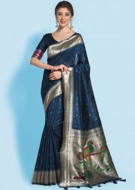 Blue Festive Saree In Tussar Silk