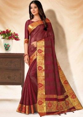 Maroon Zari Woven Classic Style Saree With Blouse