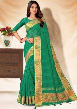 Green Thread Embroidered Saree With Heavy Border