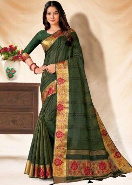 Green Embroidered Mehendi Saree With Blouse