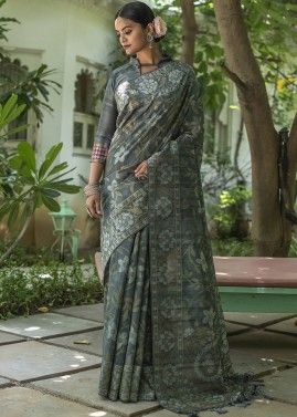 Grey Tussar Silk Saree Woven Work