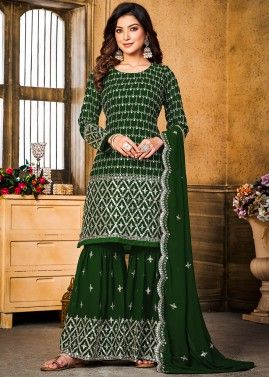 Green Embroidered Gharara Suit In Georgette