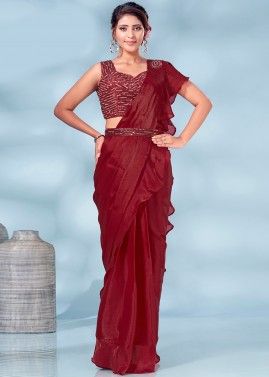 Red Embroidered Pre-Stitched Saree In Art Silk