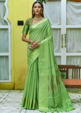 Green Cotton Saree In Zari Woven