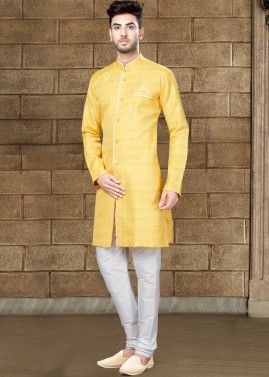 Readymade Yellow Art Silk Sherwani with Churidar