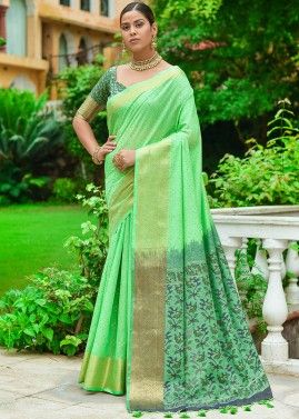 Green Bandhej Printed Saree In Linen