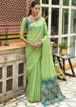 Green Linen Saree In Woven Work