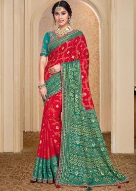 Red & Blue Brasso Bridal Saree With Heavy Blouse