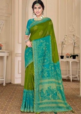 Green & Turquoise Saree With Embroidered Heavy Blouse
