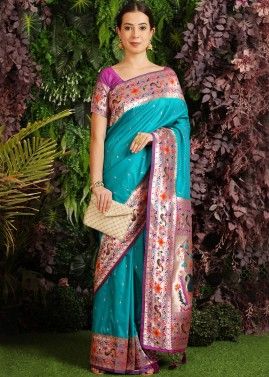 Turquoise Paithani Silk Woven Saree