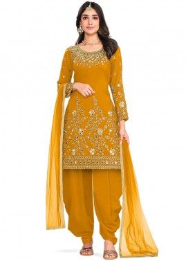 Yellow Art Silk Embroidered Punjabi Suit Set