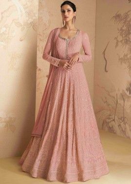 Pink Embroidered Anarkali Suit In Georgette
