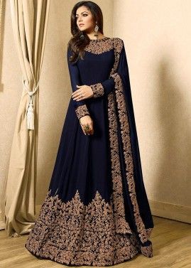 Navy Blue Embroidered Anarkali Style Suit