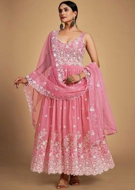 Pink Thread Embroidered Anarkali Suit In Georgette